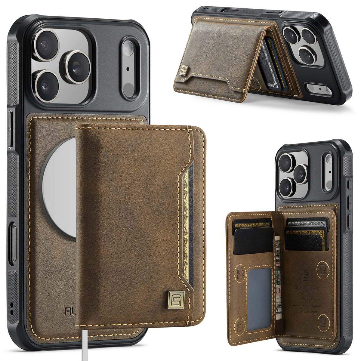 AUTSPACE for iPhone 17 Pro Max Case  A13 Vintage Leather Back Cover with Magnetic Detachable Card Bag
