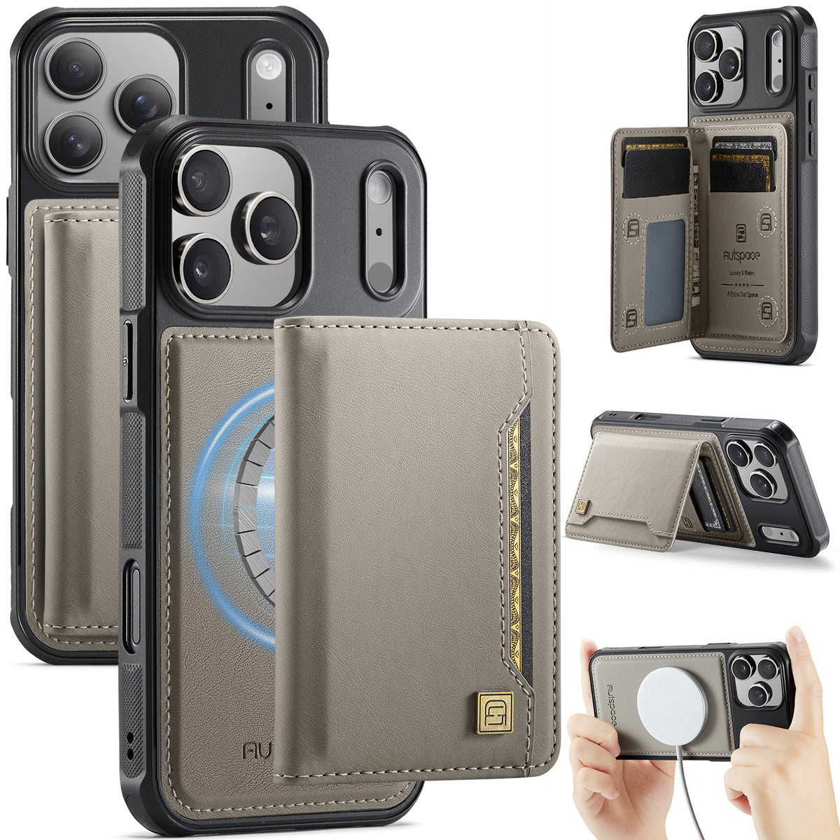 AUTSPACE for iPhone 17 Pro Max Case  A13 Vintage Leather Back Cover with Magnetic Detachable Card Bag