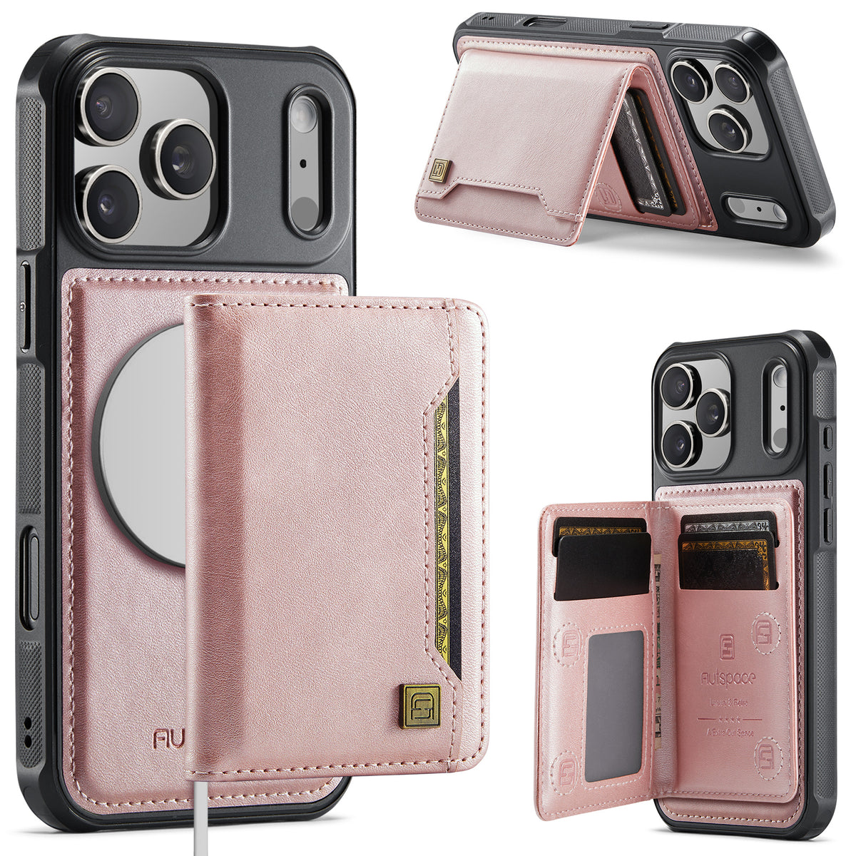 AUTSPACE for iPhone 17 Pro Max Case  A13 Vintage Leather Back Cover with Magnetic Detachable Card Bag