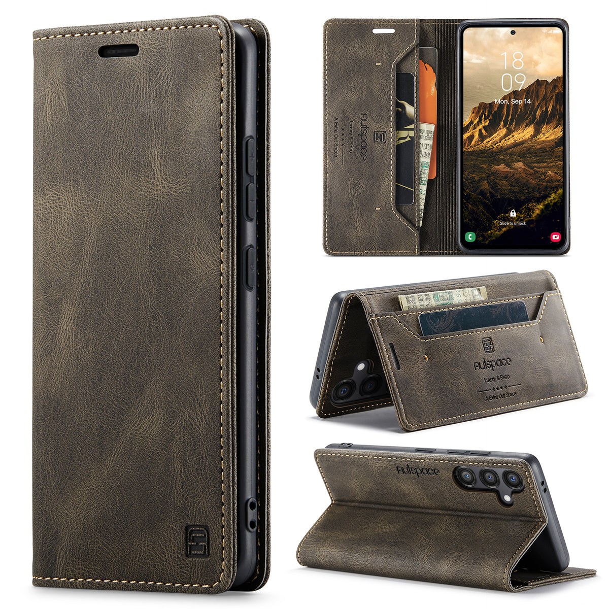 AUTSPACE til Samsung Galaxy S25 FE Wallet Case A01 Læder Stand Cover med RFID-blokerende Kortrum