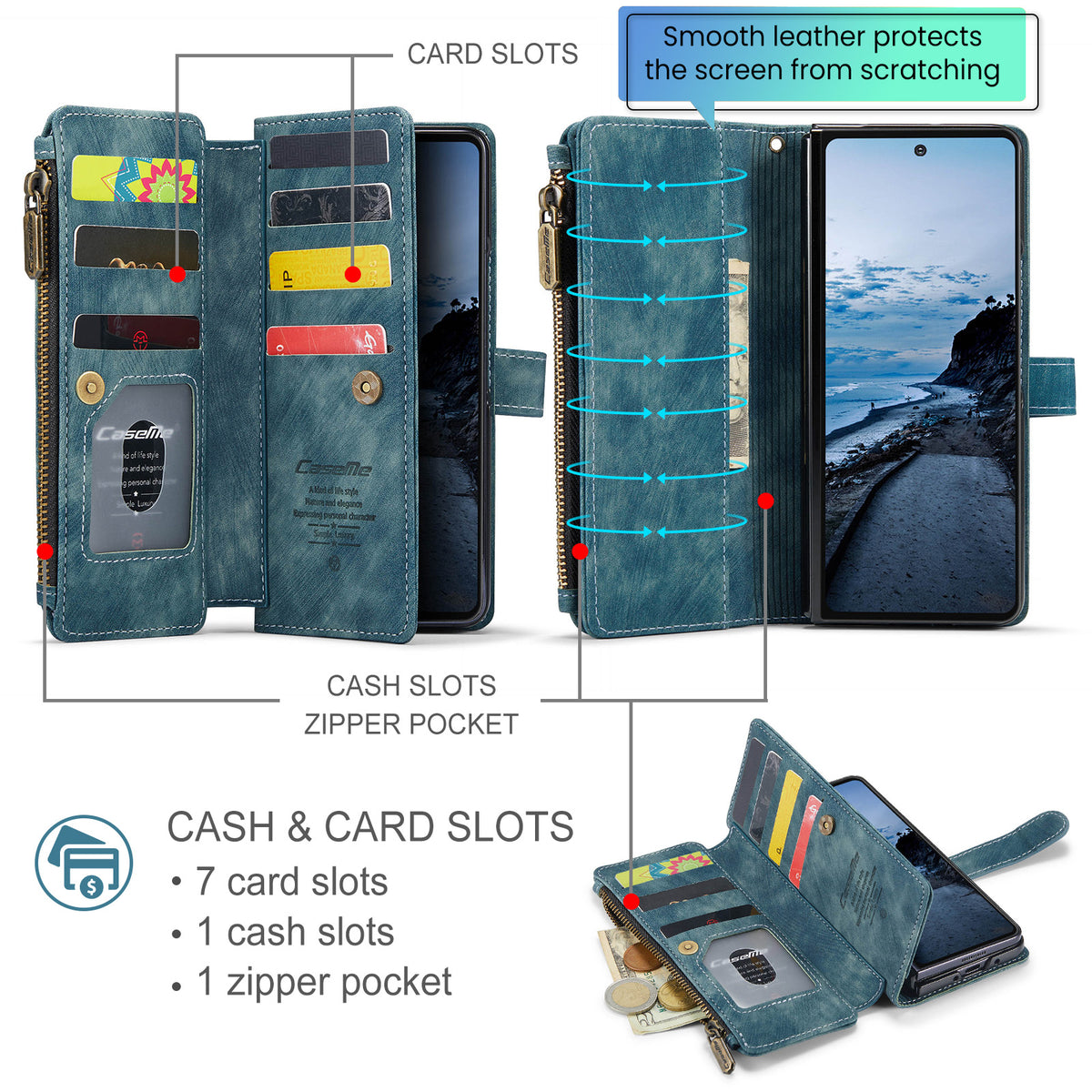 CASEME til Samsung Galaxy Z Fold8 Ultra C30 cover med rem lynlås flere kortlommer PU-læderetui