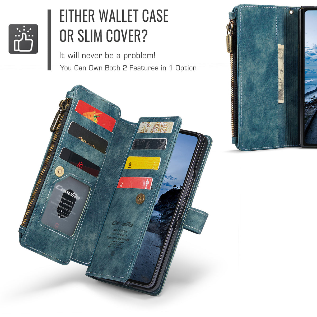 CASEME til Samsung Galaxy Z Fold8 Ultra C30 cover med rem lynlås flere kortlommer PU-læder cover