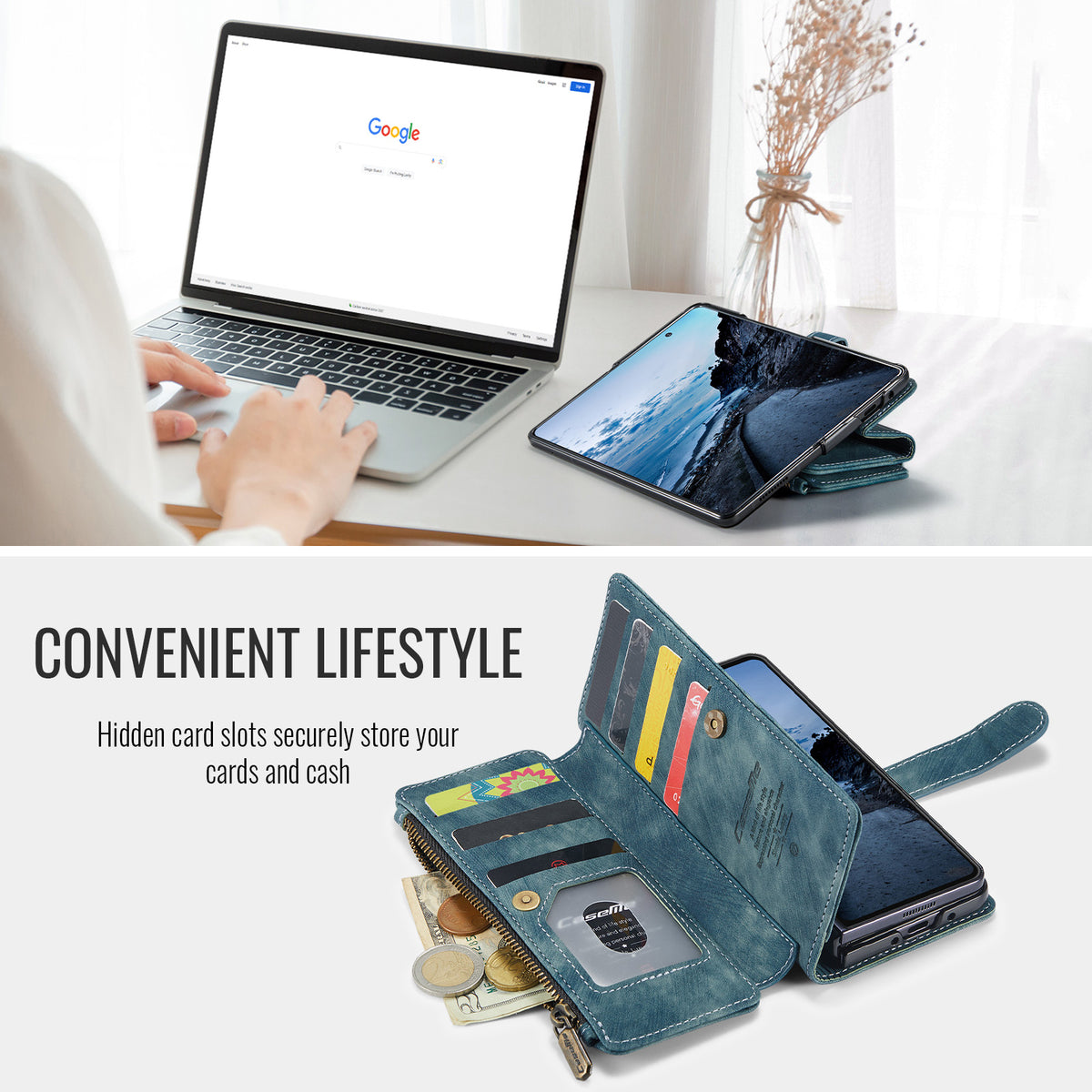 CASEME til Samsung Galaxy Z Fold8 Ultra C30 cover med rem lynlås flere kortlommer PU-læder cover