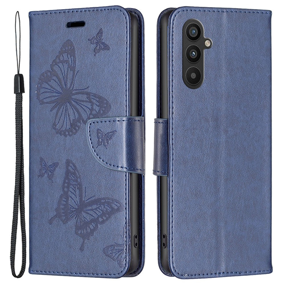 Til Samsung Galaxy A34 5G Pung Etui Med Prægede Sommerfugle Læder Telefoncover Med Rem