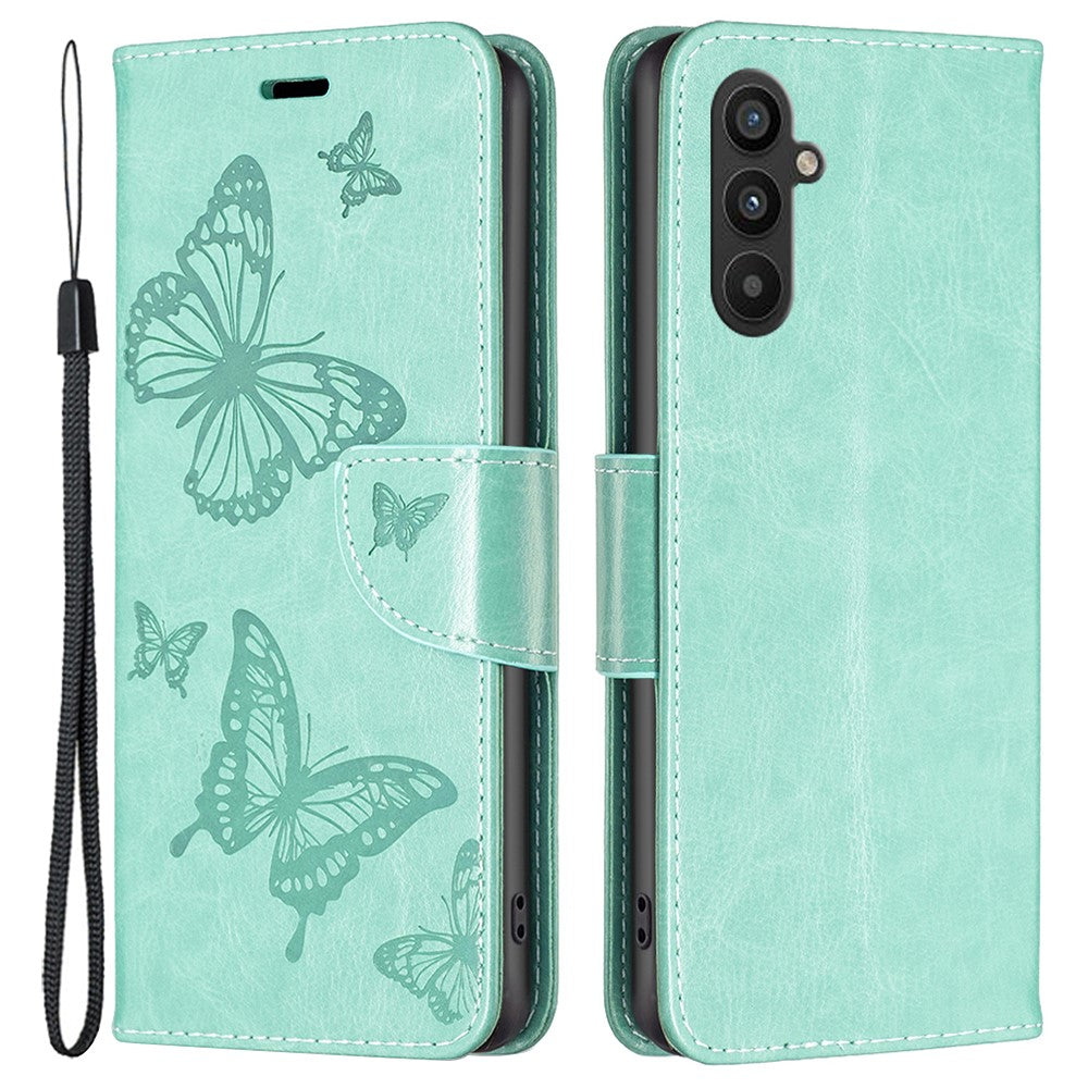 Til Samsung Galaxy A34 5G Pung Etui Med Prægede Sommerfugle Læder Telefoncover Med Rem