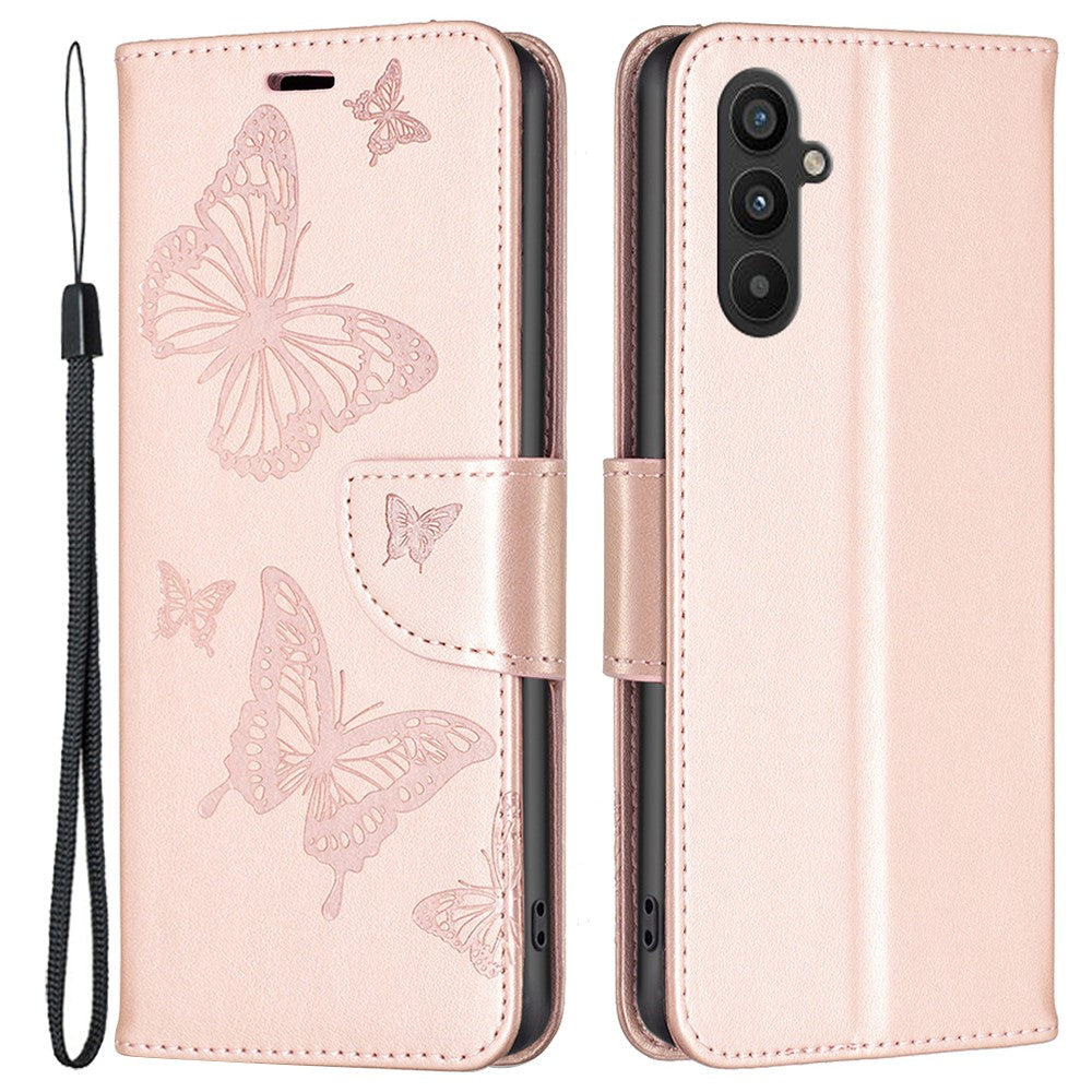 Til Samsung Galaxy A34 5G Pung Etui Med Prægede Sommerfugle Læder Telefoncover Med Rem
