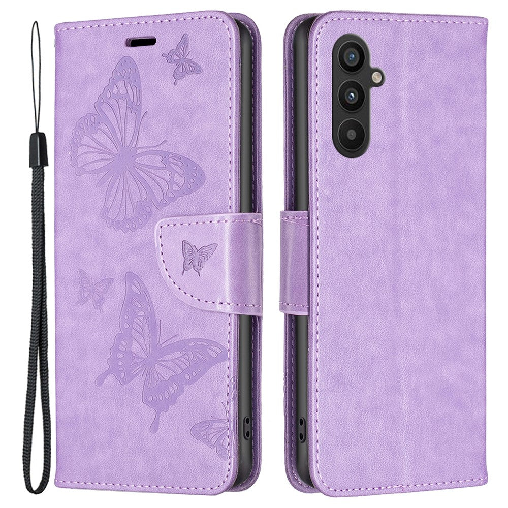 Til Samsung Galaxy A34 5G Pung Etui Med Prægede Sommerfugle Læder Telefoncover Med Rem