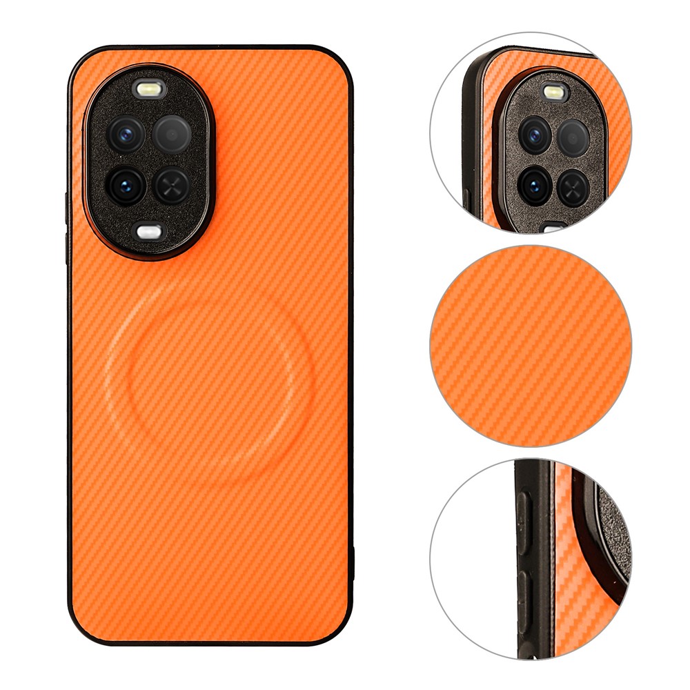 Huawei Nova 15 5G-cover med kulfiberstruktur, læderbelagt TPU-PC-mobilcover med metalring til magnetisk bilholder