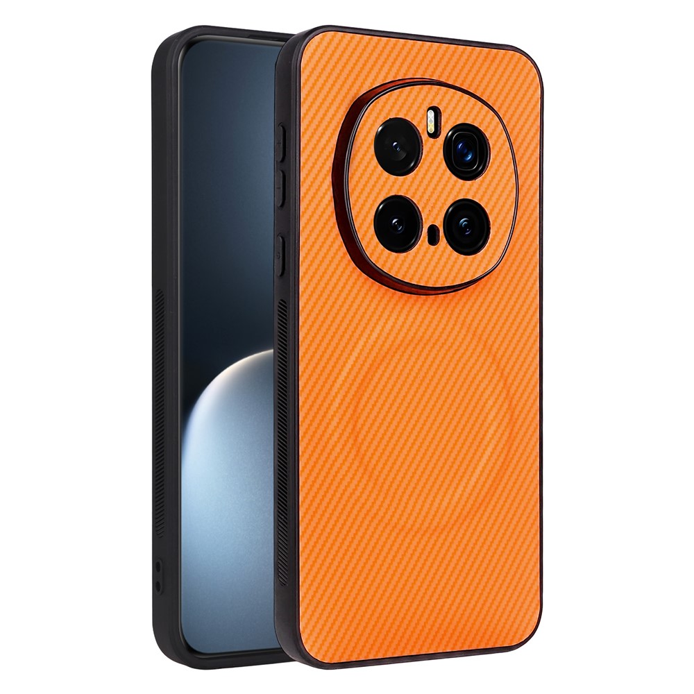 For Honor Magic7 Pro 5G Case Carbon Fiber Texture Leather Coated TPU PC Phone Cover with Metal Ring for Magnetic Car Mount