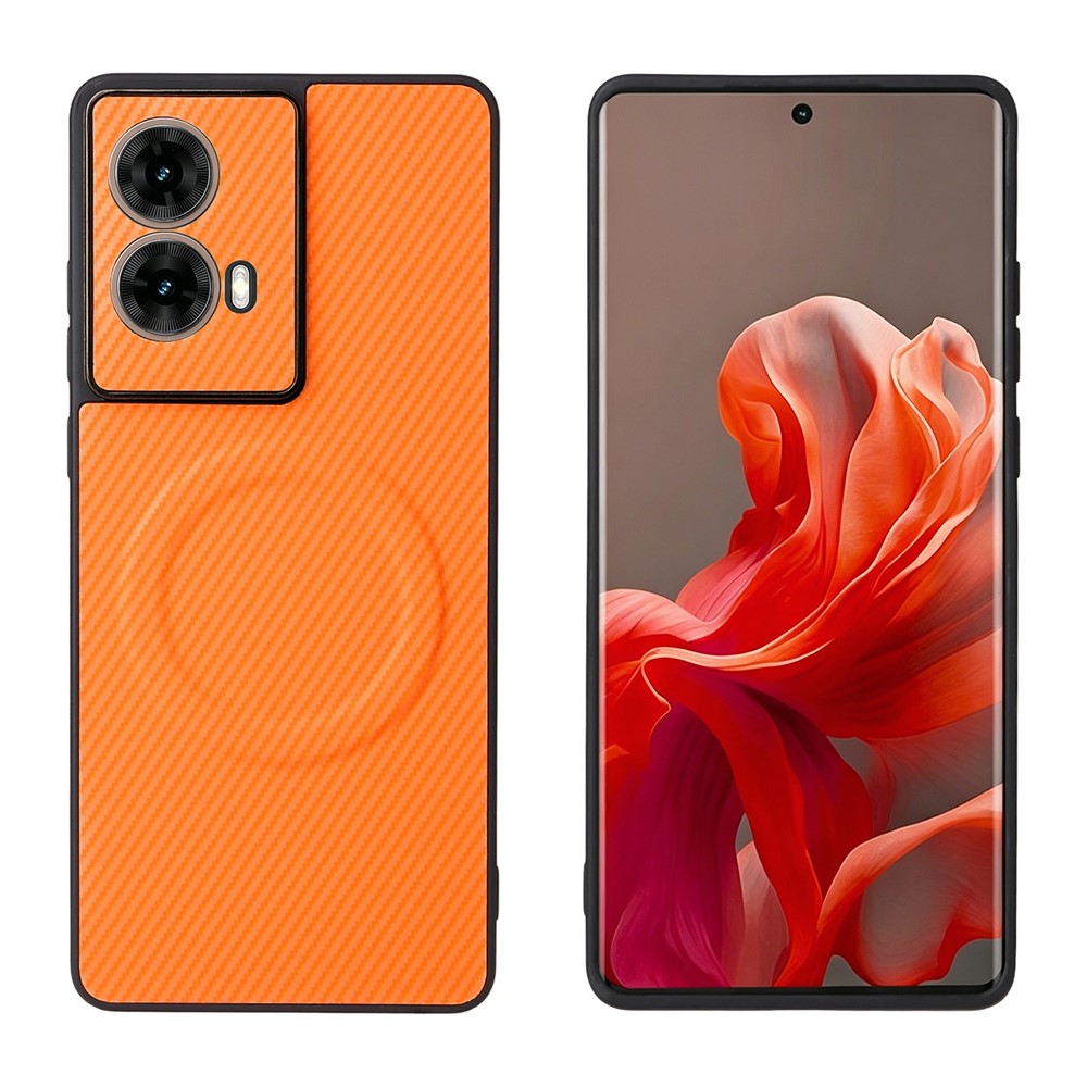 Motorola Moto G85 5G / S50 Neo 5G-skal, kolfiberstruktur, läderbelagt TPU PC-mobilskal med metallring för magnetiskt bilfäste