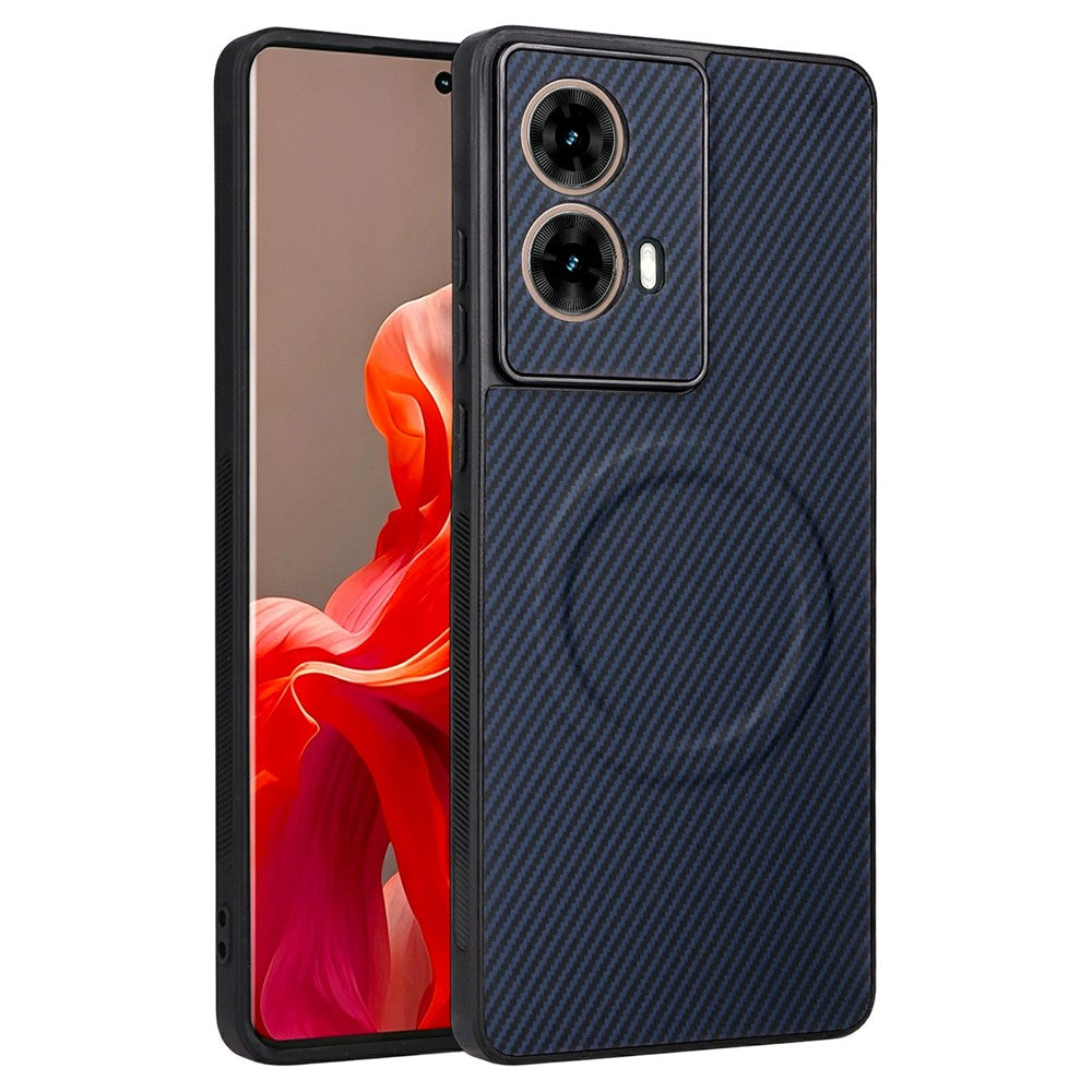 Motorola Moto G85 5G / S50 Neo 5G-skal, kolfiberstruktur, läderbelagt TPU PC-mobilskal med metallring för magnetiskt bilfäste