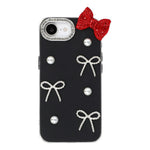 For iPhone 17th / 16th Case Faux Pearl Bow Decor IMD PC+TPU Phone Cover with Rhinestone Camera Frame