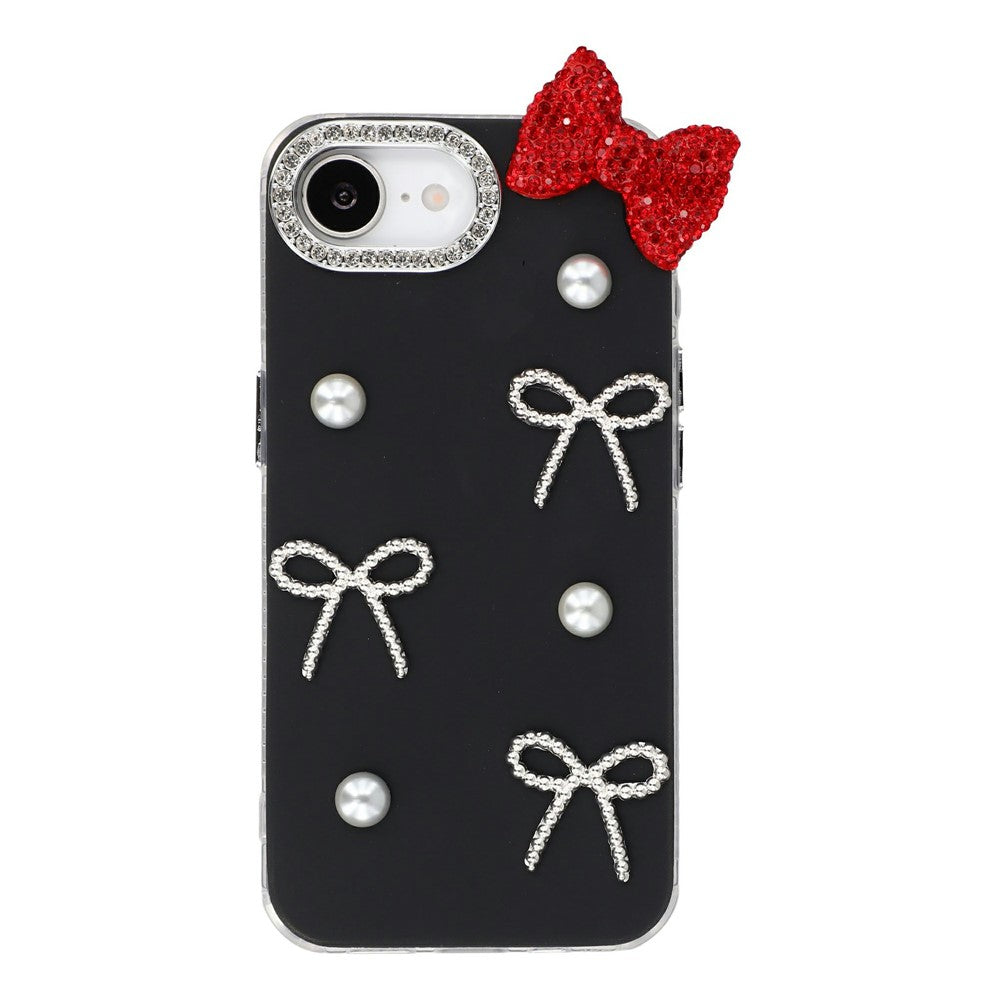 For iPhone 17th / 16th Case Faux Pearl Bow Decor IMD PC+TPU Phone Cover with Rhinestone Camera Frame