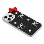 For iPhone 16 Pro Max Case Pearl Bow Decor PC + TPU IMD Phone Cover with Rhinestone Camera Ring