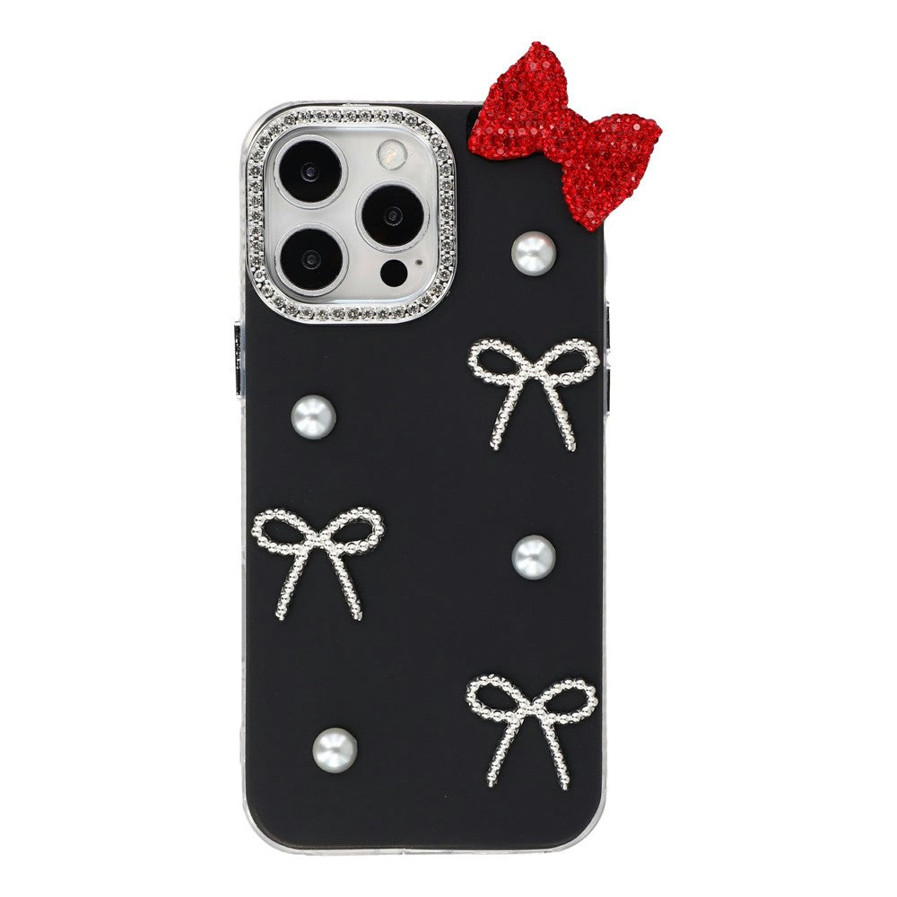 Til iPhone 16 Pro Cover Perle Sløjfe Indretning PC + TPU IMD Telefoncover med Rhinestone Kameraring