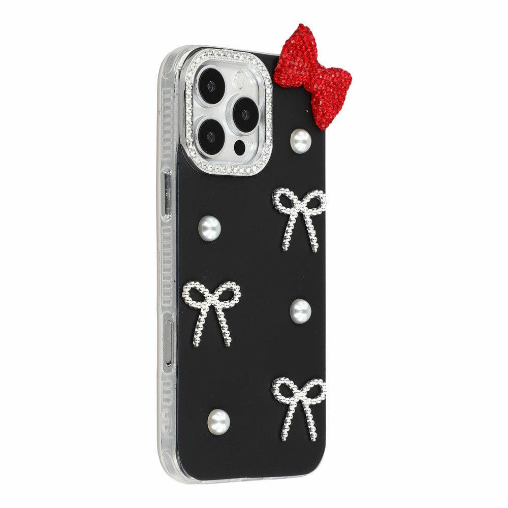 Til iPhone 16 Pro Cover Perle Sløjfe Indretning PC + TPU IMD Telefoncover med Rhinestone Kameraring