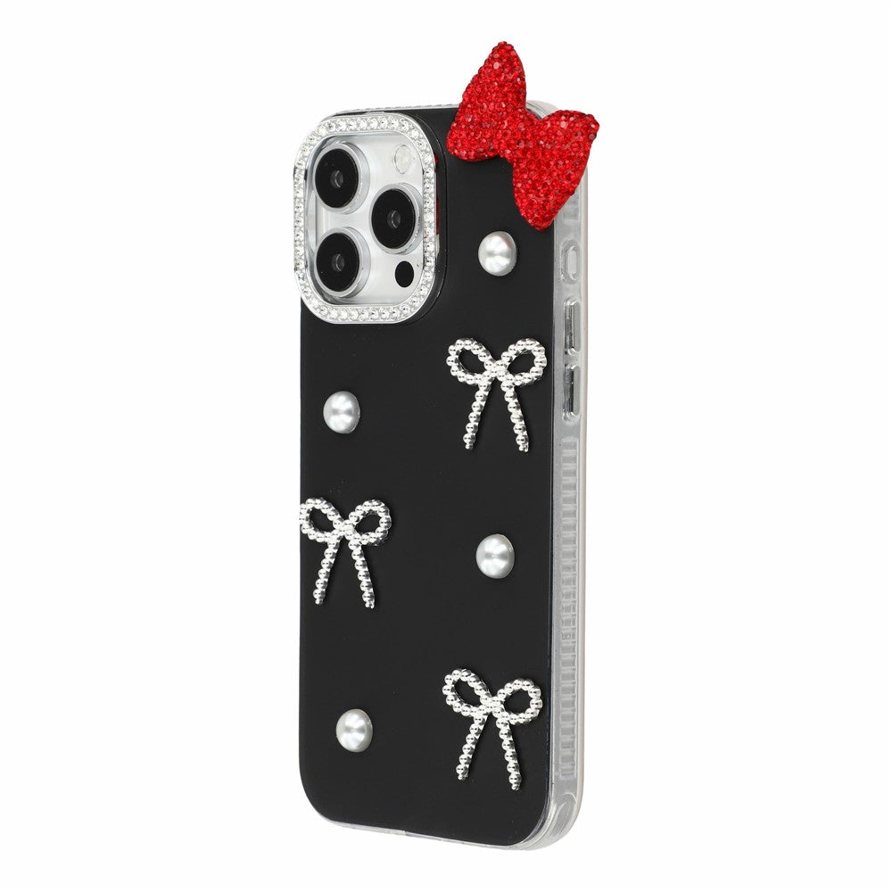 Til iPhone 16 Pro Cover Perle Sløjfe Indretning PC + TPU IMD Telefoncover med Rhinestone Kameraring