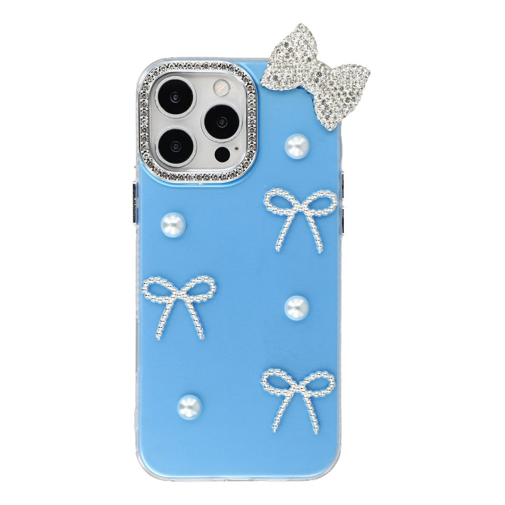 Til iPhone 16 Pro Cover Perle Sløjfe Indretning PC + TPU IMD Telefoncover med Rhinestone Kameraring