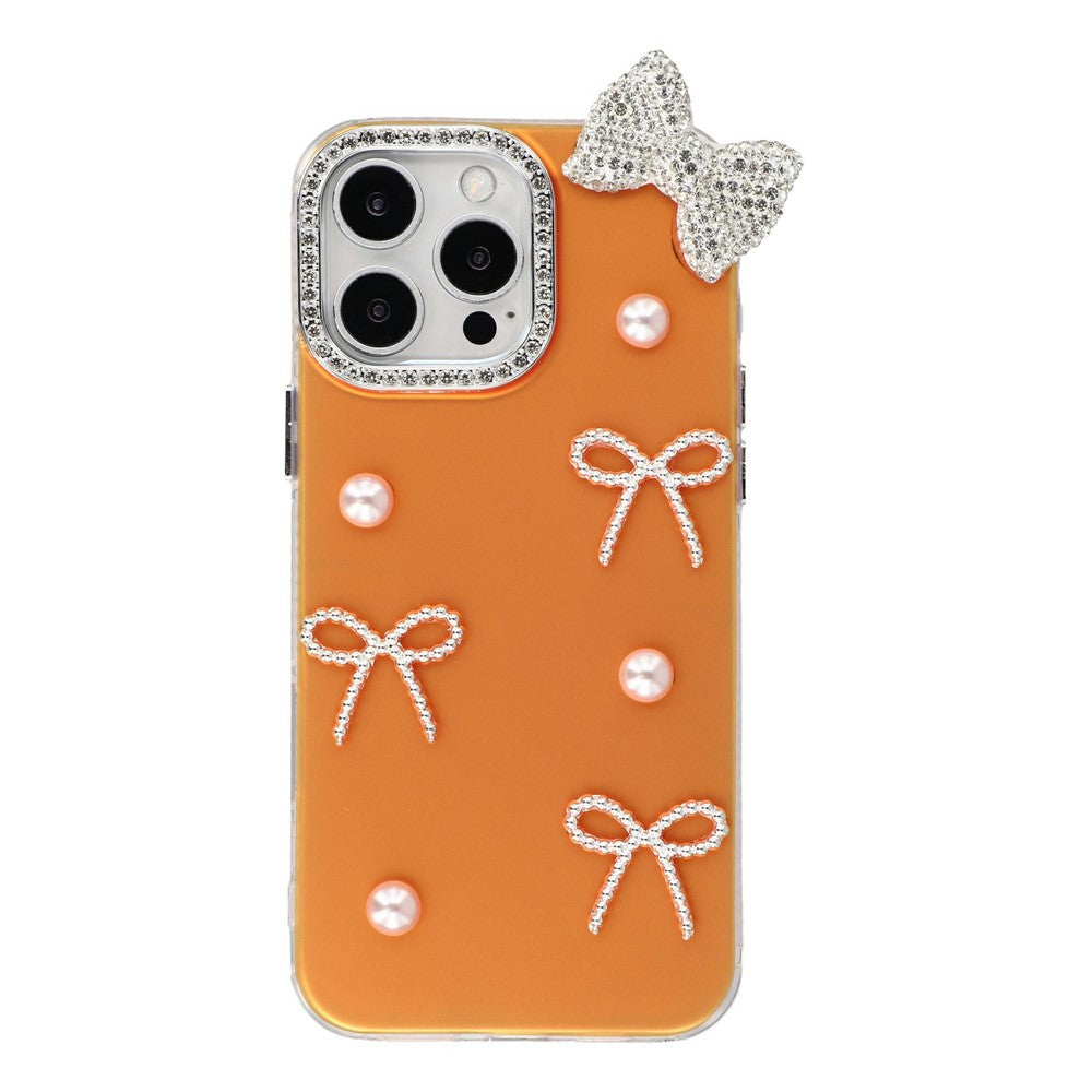 Til iPhone 16 Pro Cover Perle Sløjfe Indretning PC + TPU IMD Telefoncover med Rhinestone Kameraring
