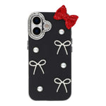 For iPhone 16 Plus Case Pearl Bow Decor PC + TPU IMD Phone Cover with Rhinestone Camera Ring