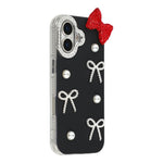 For iPhone 16 Plus Case Pearl Bow Decor PC + TPU IMD Phone Cover with Rhinestone Camera Ring