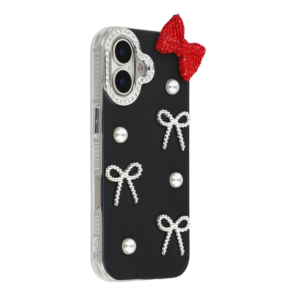 For iPhone 16 Plus Case Pearl Bow Decor PC + TPU IMD Phone Cover with Rhinestone Camera Ring