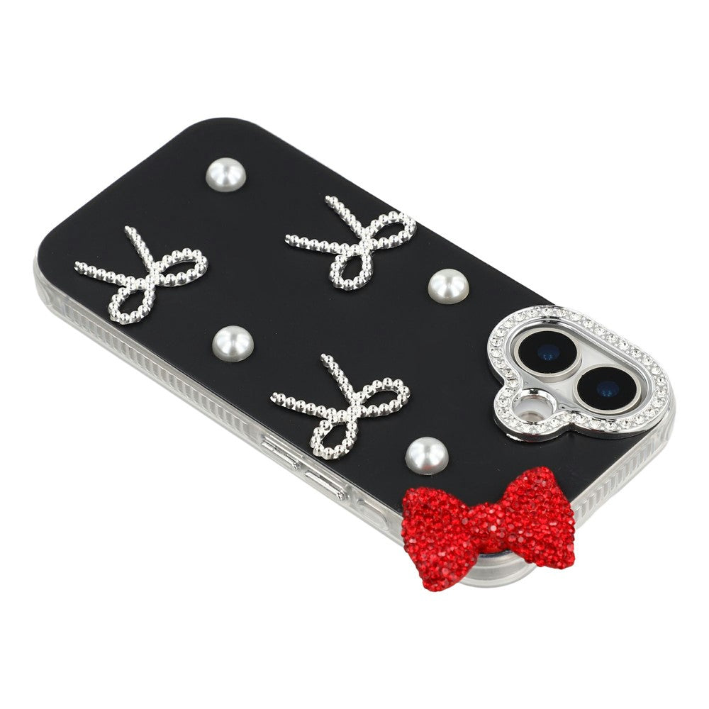 For iPhone 16 Plus Case Pearl Bow Decor PC + TPU IMD Phone Cover with Rhinestone Camera Ring