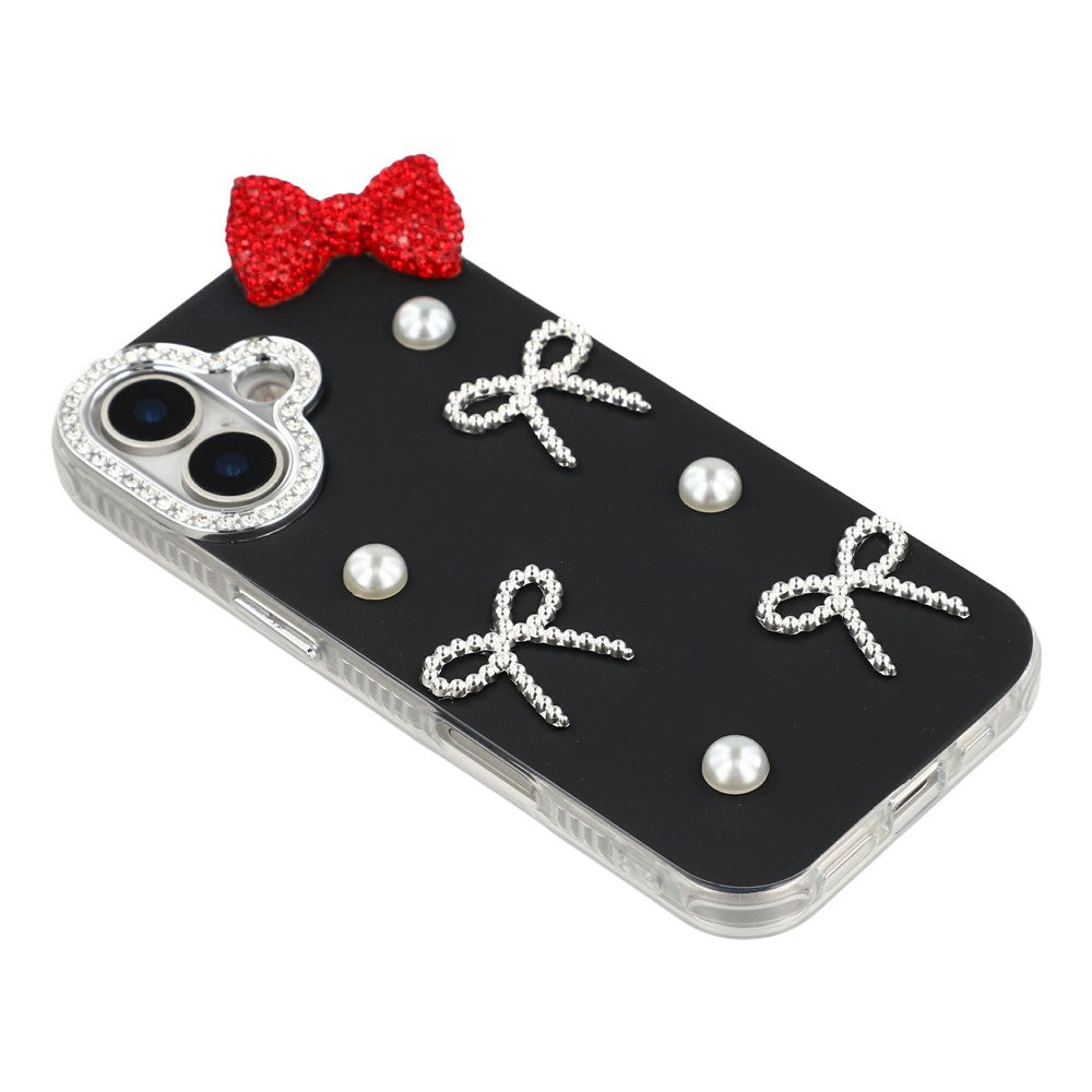For iPhone 16 Plus Case Pearl Bow Decor PC + TPU IMD Phone Cover with Rhinestone Camera Ring