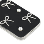 For iPhone 16 Plus Case Pearl Bow Decor PC + TPU IMD Phone Cover with Rhinestone Camera Ring