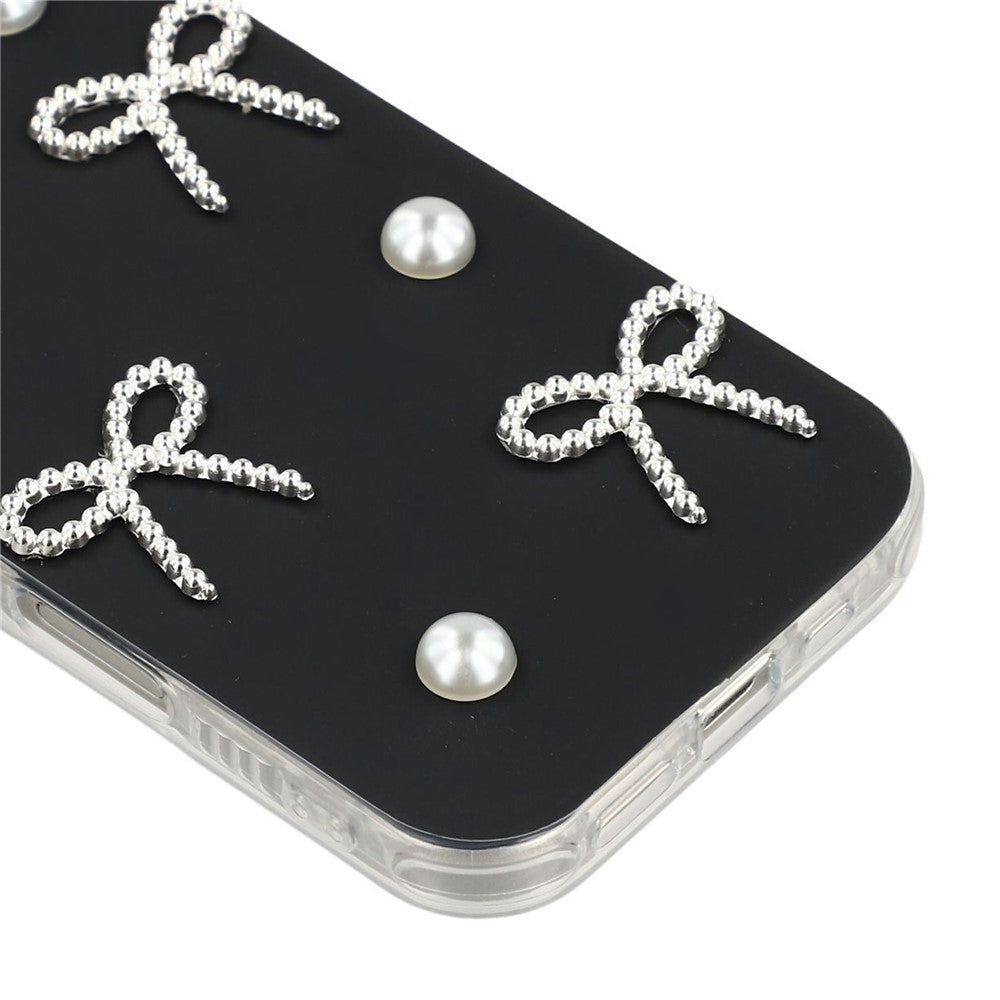 For iPhone 16 Plus Case Pearl Bow Decor PC + TPU IMD Phone Cover with Rhinestone Camera Ring