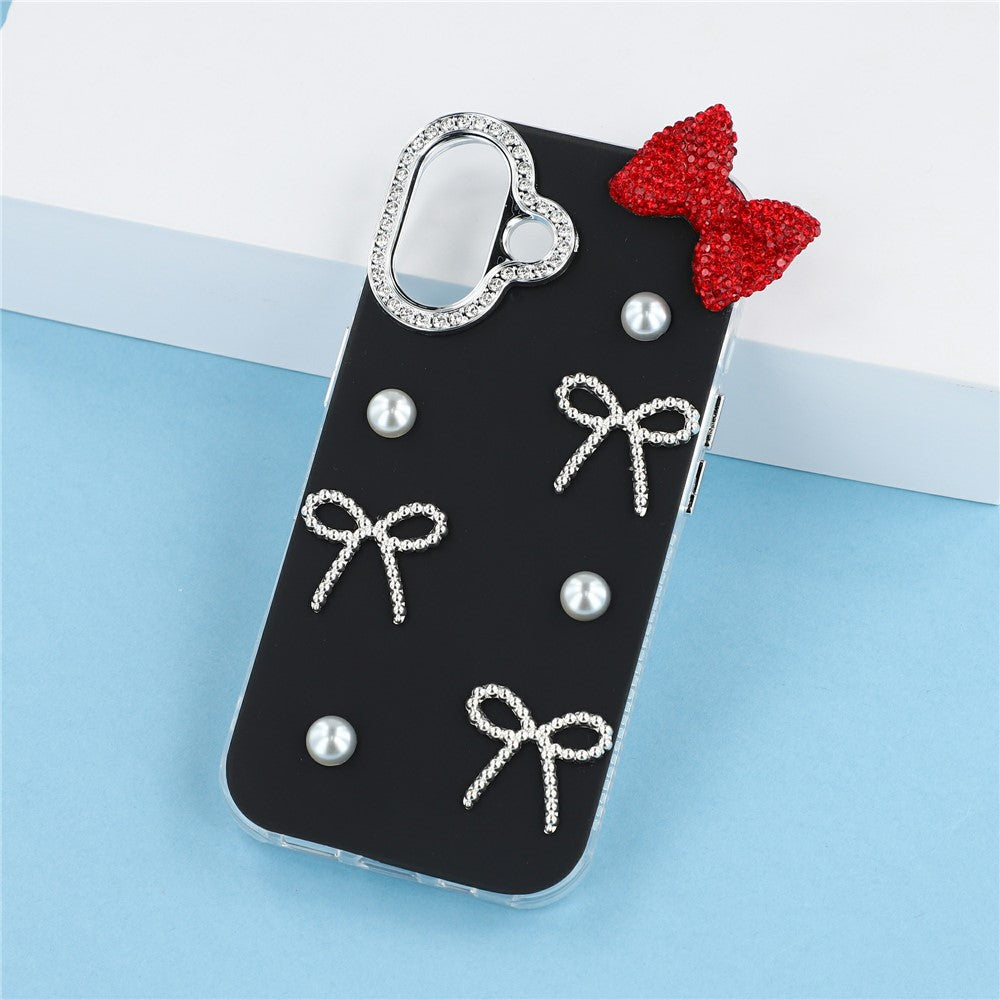 For iPhone 16 Plus Case Pearl Bow Decor PC + TPU IMD Phone Cover with Rhinestone Camera Ring