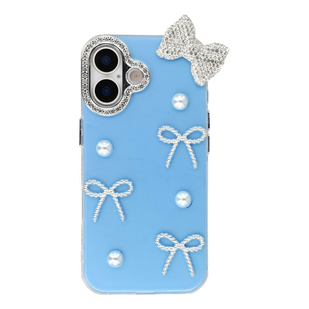 For iPhone 16 Plus Case Pearl Bow Decor PC + TPU IMD Phone Cover with Rhinestone Camera Ring