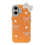 For iPhone 16 Plus Case Pearl Bow Decor PC + TPU IMD Phone Cover with Rhinestone Camera Ring
