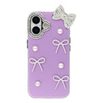 For iPhone 16 Plus Case Pearl Bow Decor PC + TPU IMD Phone Cover with Rhinestone Camera Ring