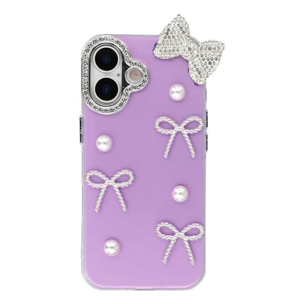 For iPhone 16 Plus Case Pearl Bow Decor PC + TPU IMD Phone Cover with Rhinestone Camera Ring