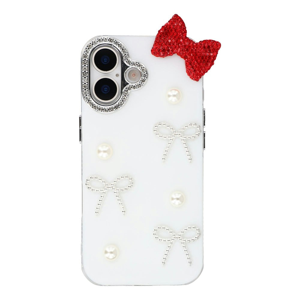 For iPhone 16 Plus Case Pearl Bow Decor PC + TPU IMD Phone Cover with Rhinestone Camera Ring