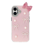 For iPhone 16 Plus Case Pearl Bow Decor PC + TPU IMD Phone Cover with Rhinestone Camera Ring