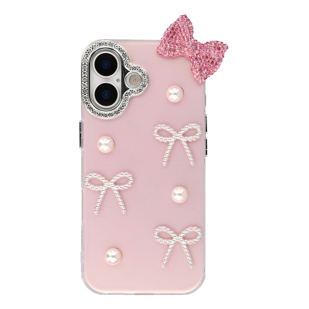 For iPhone 16 Plus Case Pearl Bow Decor PC + TPU IMD Phone Cover with Rhinestone Camera Ring