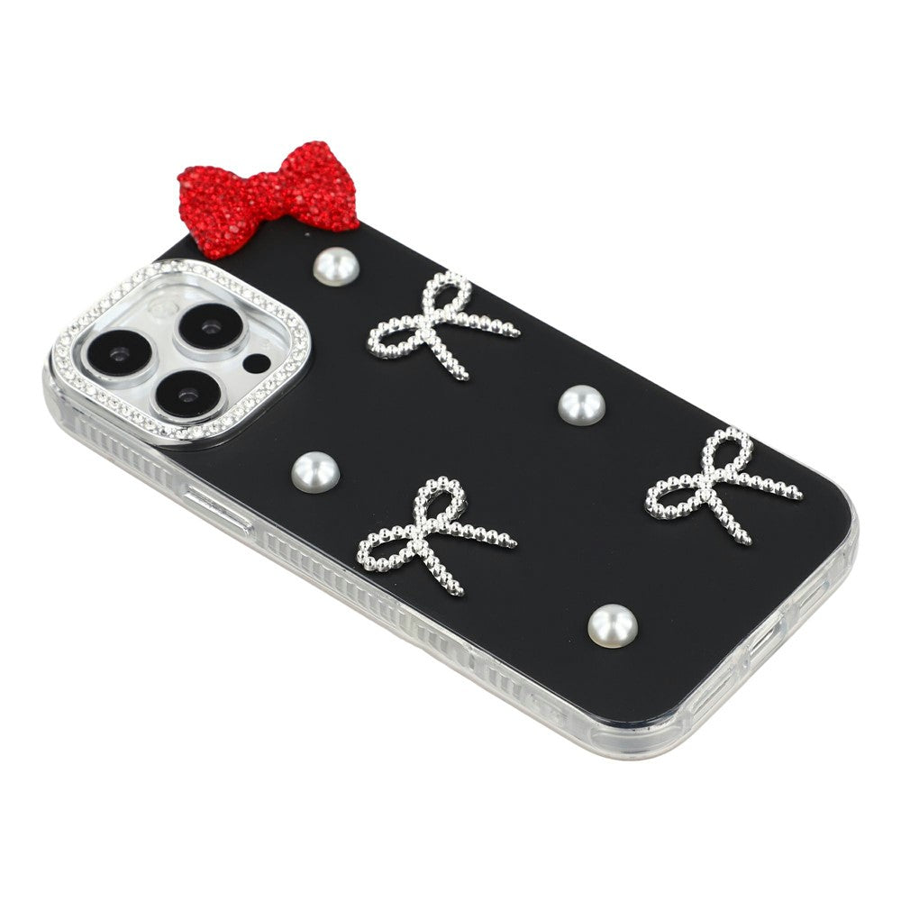 For iPhone 14 Pro Case Pearl Bow Decor PC + TPU IMD Phone Cover with Rhinestone Camera Ring
