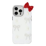For iPhone 13 Pro Max Case Pearl Bow Decor PC + TPU IMD Phone Cover with Rhinestone Camera Ring