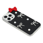 For iPhone 13 Pro Case Pearl Bow Decor PC + TPU IMD Phone Cover with Rhinestone Camera Ring