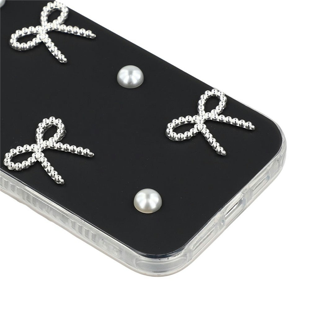 For iPhone 13 Pro Case Pearl Bow Decor PC + TPU IMD Phone Cover with Rhinestone Camera Ring