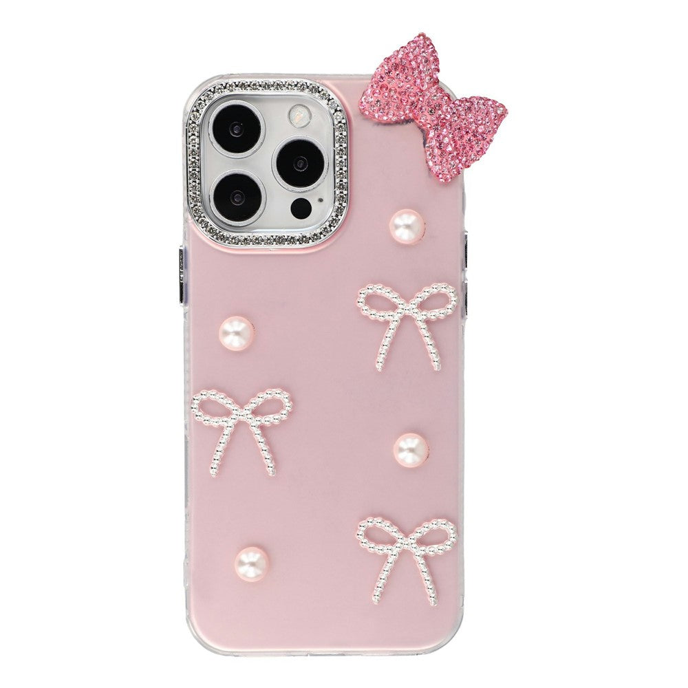 For iPhone 13 Pro Case Pearl Bow Decor PC + TPU IMD Phone Cover with Rhinestone Camera Ring