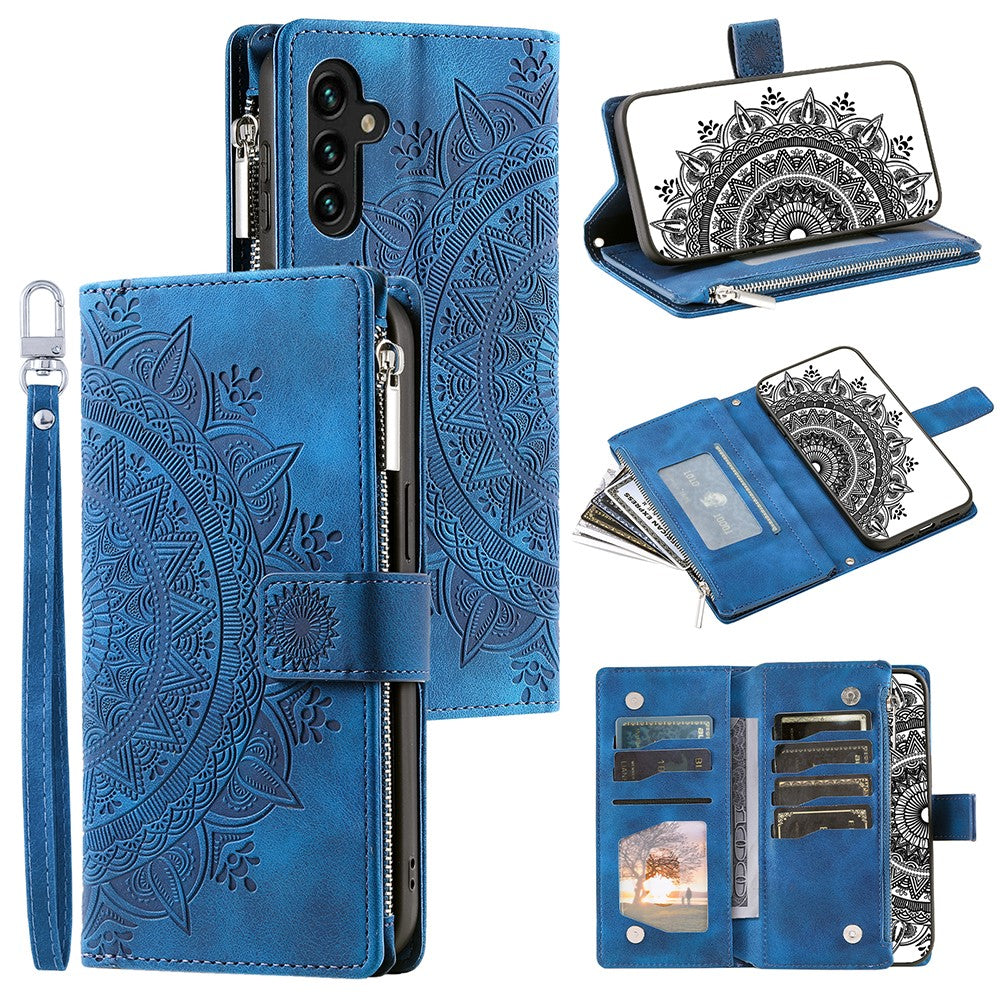 Til Samsung Galaxy A54 5G PU læder Mandala blomsterpræget håndtaske lynlåslommeetui med stander, flere kortpladser, flipcover med rem