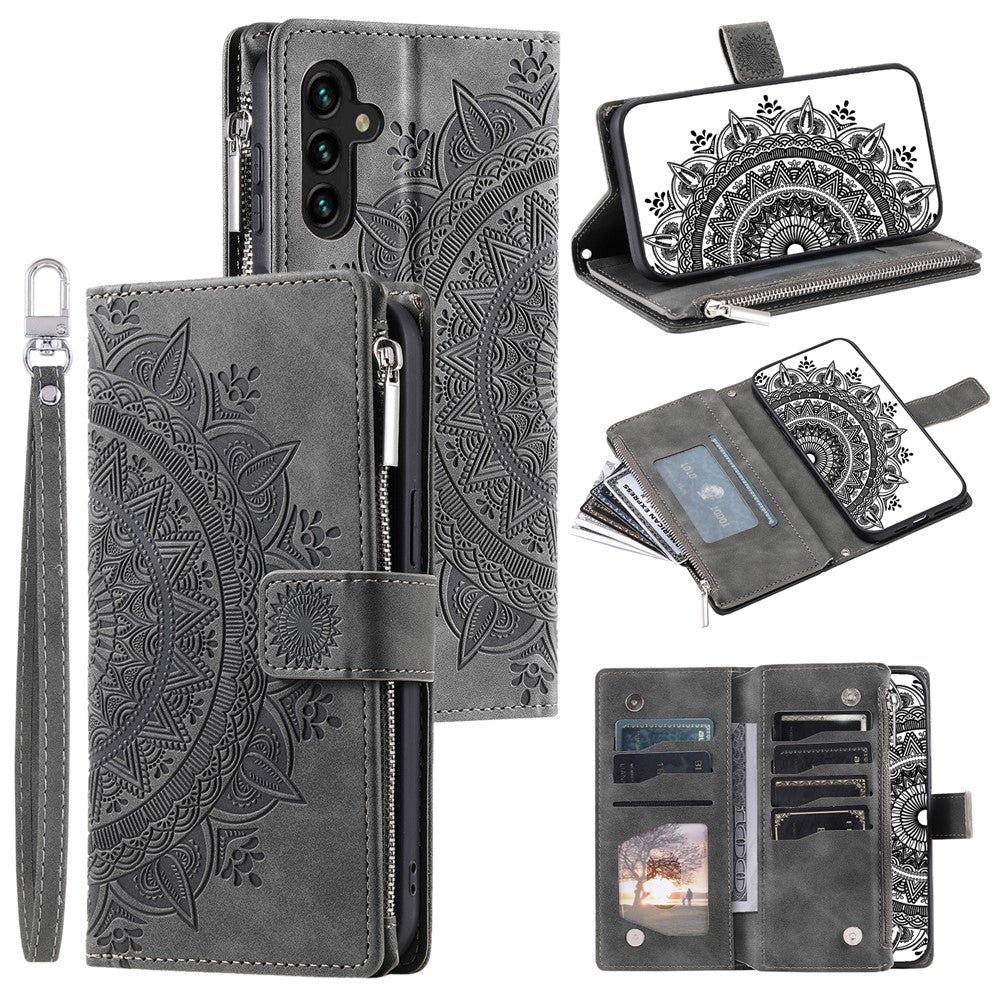 Til Samsung Galaxy A54 5G PU læder Mandala blomsterpræget håndtaske lynlåslommeetui med stander, flere kortpladser, flipcover med rem