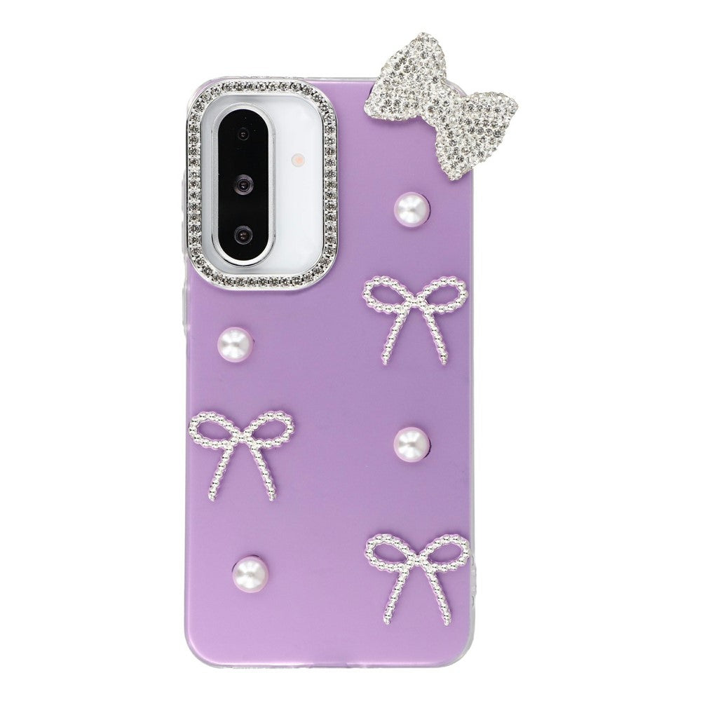 For Samsung Galaxy S25 Case Pearl Bow Decor PC + TPU IMD Phone Cover with Rhinestone Camera Ring
