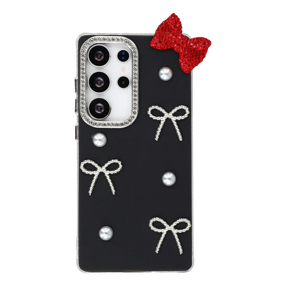 For Samsung Galaxy S23 Ultra Case Pearl Bow Decor PC + TPU IMD Phone Cover with Rhinestone Camera Ring