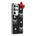 For Samsung Galaxy S23 Ultra Case Pearl Bow Decor PC + TPU IMD Phone Cover with Rhinestone Camera Ring