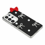 For Samsung Galaxy S23 Ultra Case Pearl Bow Decor PC + TPU IMD Phone Cover with Rhinestone Camera Ring