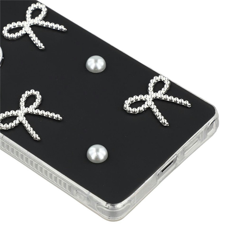 For Samsung Galaxy S23 Ultra Case Pearl Bow Decor PC + TPU IMD Phone Cover with Rhinestone Camera Ring